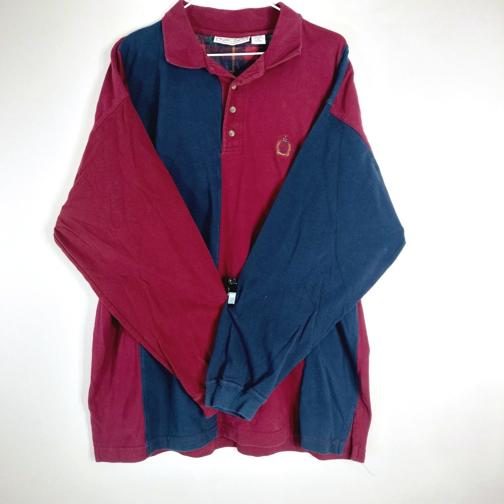 Bugle Boy Maroon and Navy Long Sleeve Polo; Vintage Colorblock Piqué Knit
